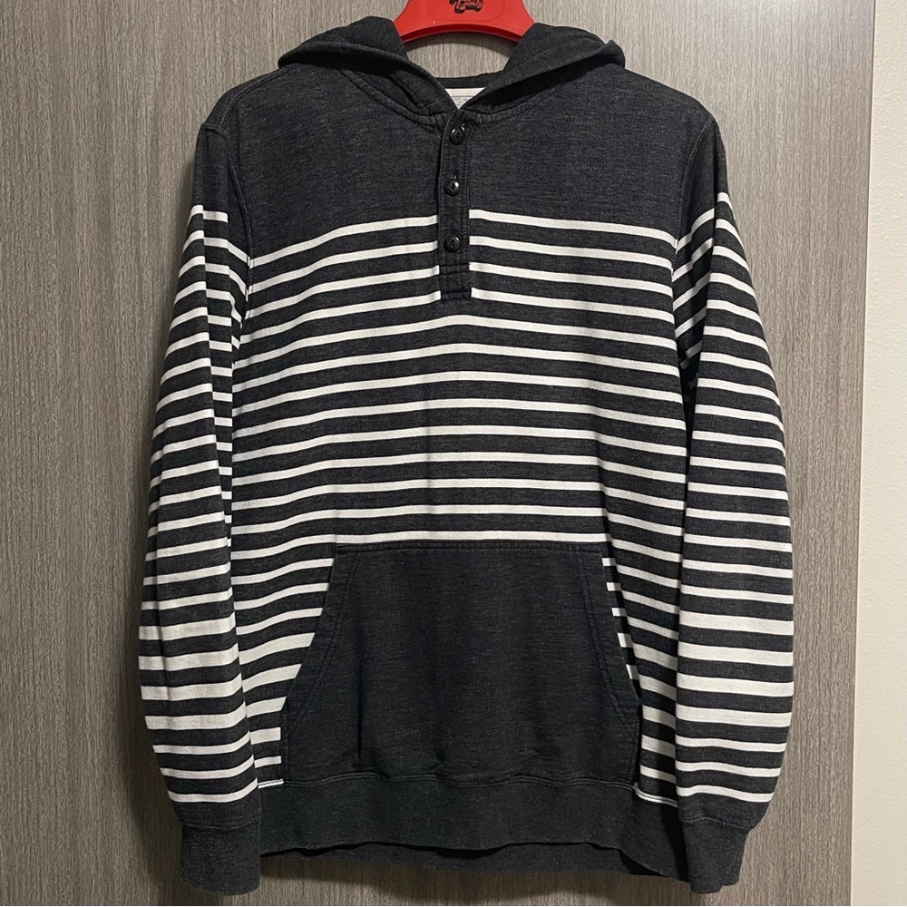 Quiksilver Striped Hoodie - Partial Button Collar Charcoal & White - Size Large